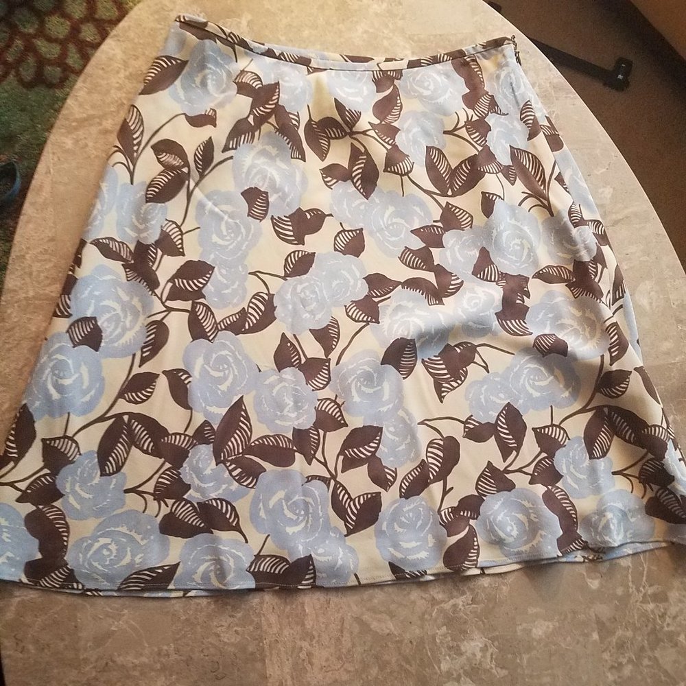 LOFT Silk Short Skirt Blue Brown Bold Floral 6
